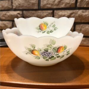 Set of 2 Arcopal Scalloped Milk Glass Bowls with Fruit Motif - White